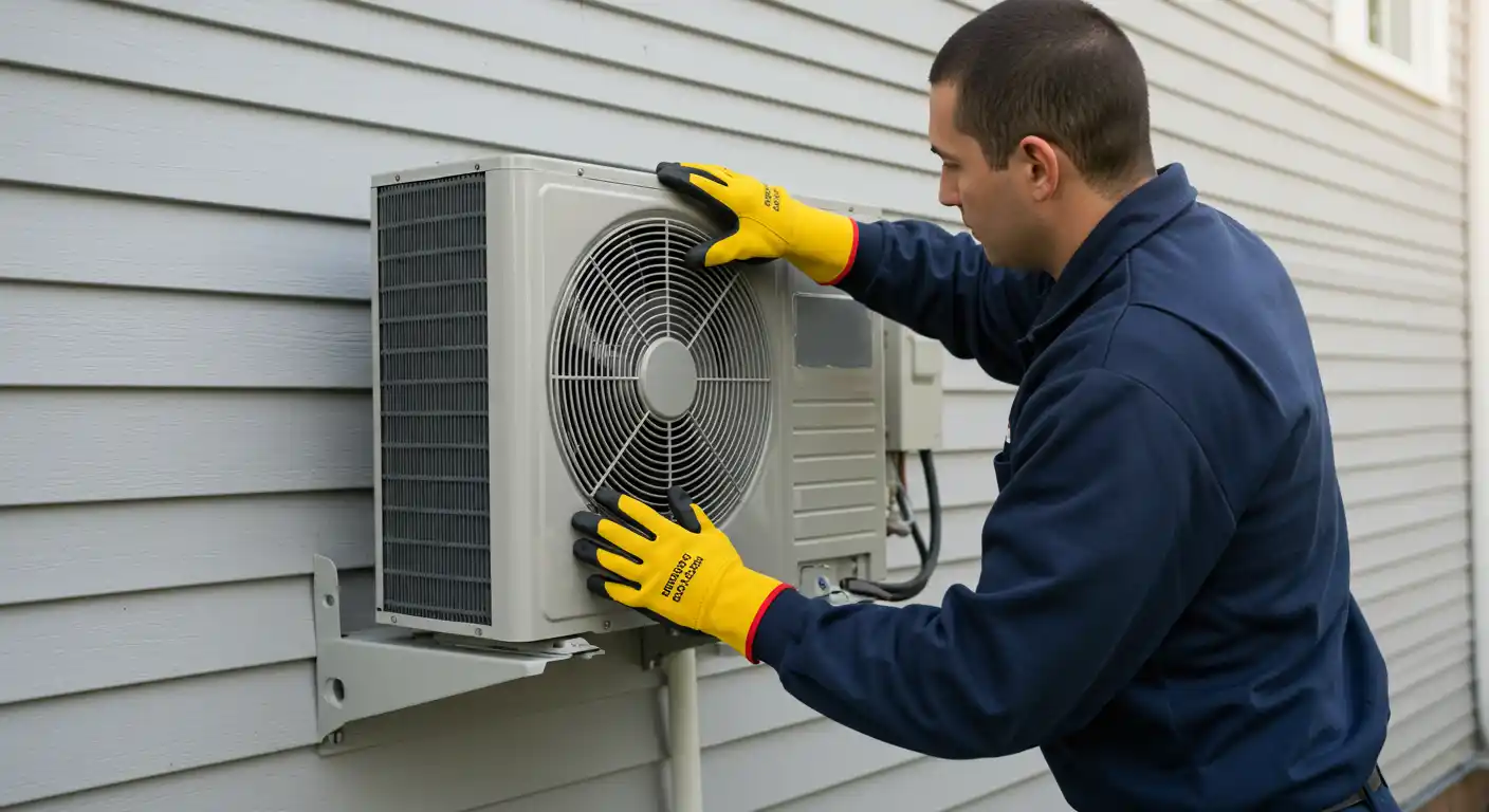 A technician in a blue shirt and yellow gloves performing maintenance on a wall-mounted mini-split outdoor unit.