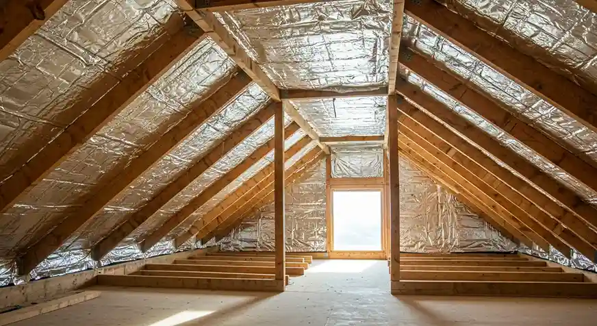 A wide shot of a finished attic space with exposed wooden rafters and a radiant barrier on the roof deck. A central framed section creates an open walkway.