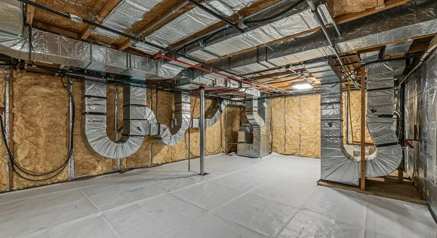 A view of a sealed crawl space with extensive silver ductwork. The walls are insulated, and the floor is covered with a white vapor barrier. The large ducts are visible throughout the space.