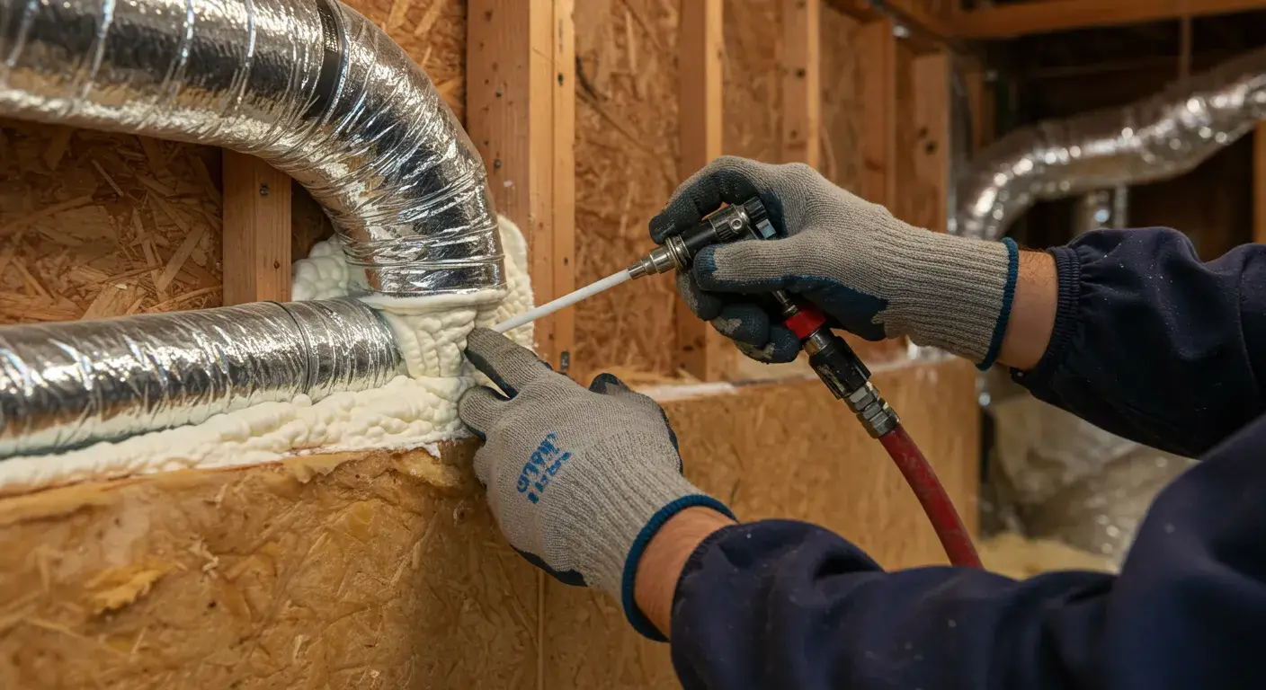 A close-up of a contractor in grey gloves applying white spray foam to seal a joint around a large silver duct. The duct is connected to a wall framed with wood and insulated with fiberglass.