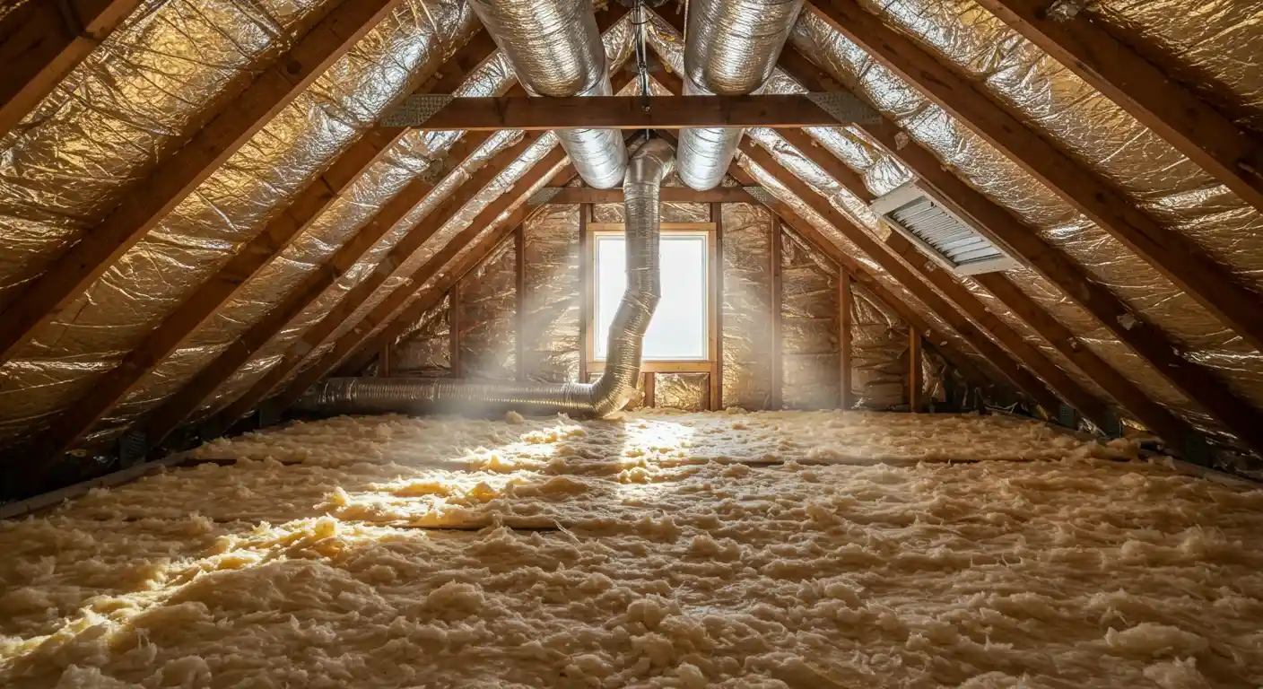 Sunlight streams through a central window, illuminating a large attic with thick yellow insulation on the floor and metal ducts running overhead.