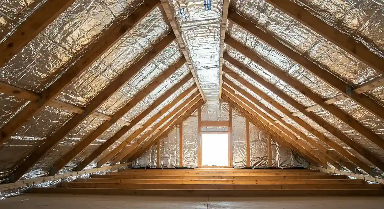 A wide shot of an attic space with exposed wooden rafters and a radiant barrier installed on the roof deck. The floor is unfinished wood, and a large window is visible in the far wall.