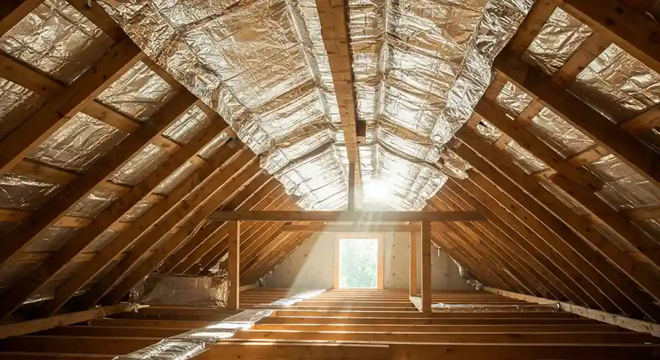 A bright, spacious attic with exposed wooden rafters. A radiant barrier is installed on the roof's underside, reflecting light from a window.