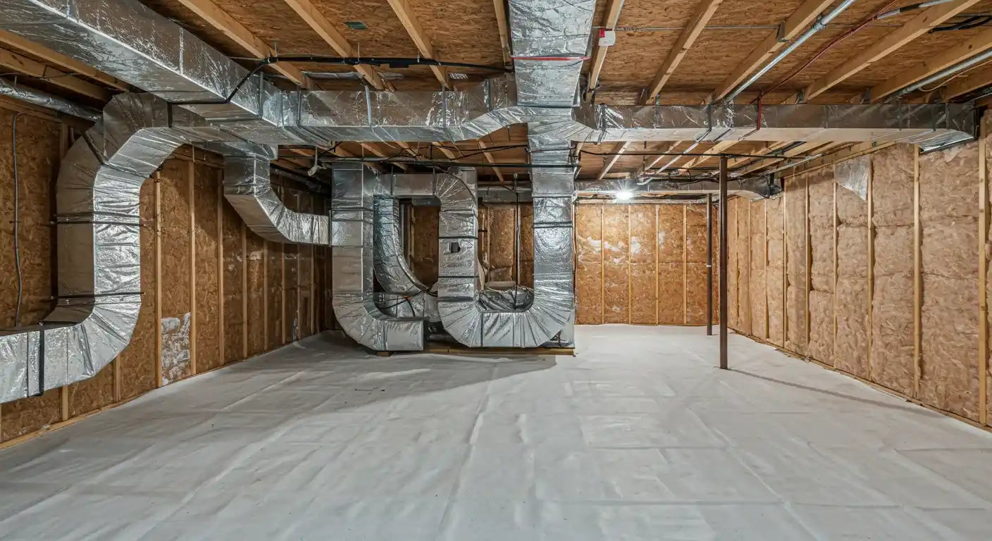 A wide shot of a newly sealed crawl space. The floor is covered with a clean white vapor barrier, and the walls are insulated with fiberglass and a vapor barrier. Large, silver ductwork is prominent in the center of the space.