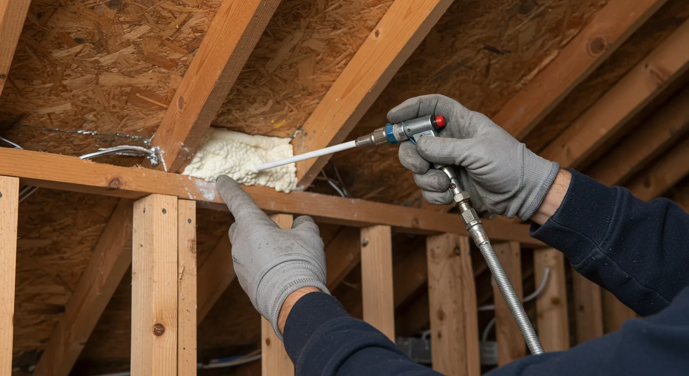 A worker in a hard hat and gloves stands in a finished attic, applying sealant to a gap in the wooden structure near a roof vent.