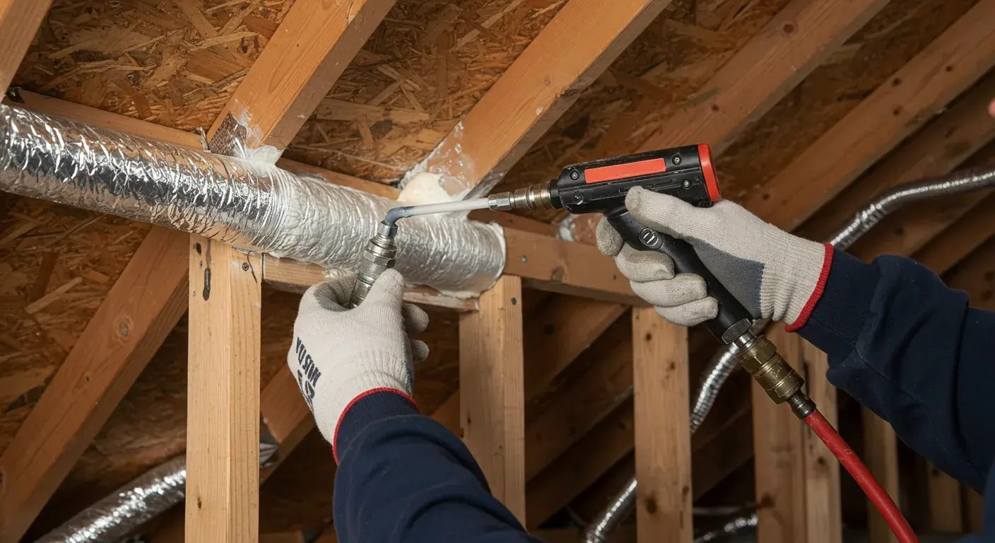 Close-up of a worker in white gloves applying spray foam to seal a gap around a silver duct in a wooden-framed attic.