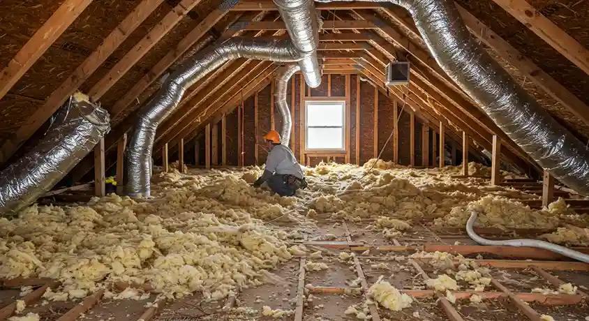 A wide shot of a contractor kneeling in a large, dusty attic filled with piles of loose insulation. The floor is partly exposed, showing the wooden beams underneath, and large silver ducts run along the ceiling.