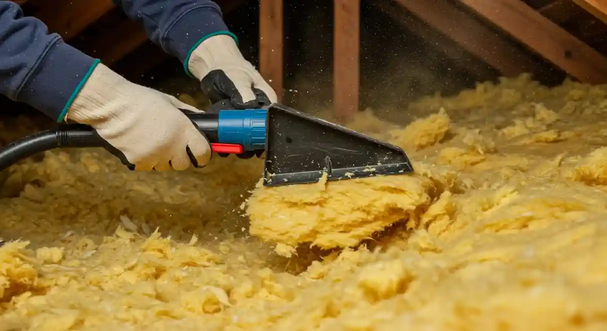 A close-up of a person's gloved hands using a powerful vacuum hose attachment to suck up and remove old, yellow loose-fill insulation from an attic.