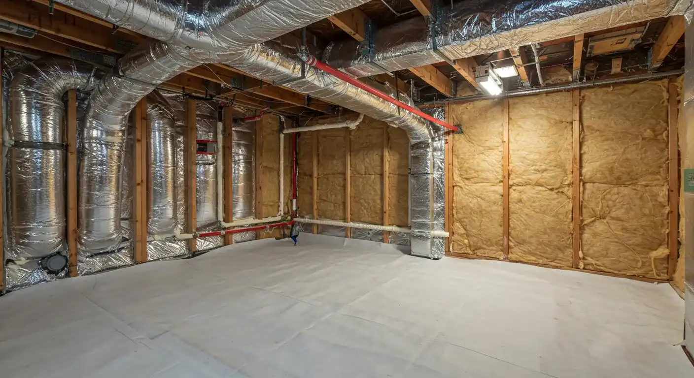 A newly insulated crawl space, featuring yellow fiberglass insulation on the walls and a clean white vapor barrier on the floor. Silver ductwork runs along the ceiling.