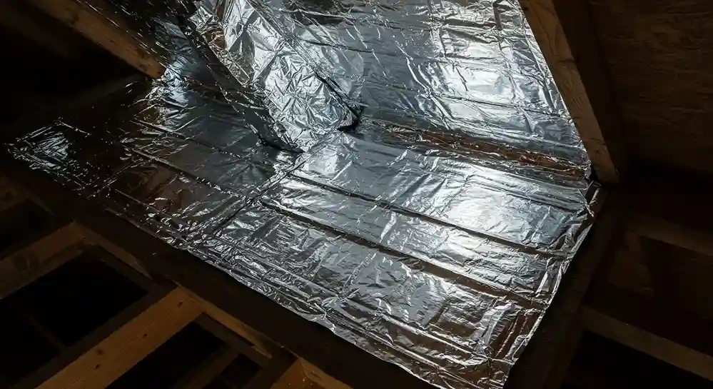 An upward view of a section of shiny, silver radiant barrier installed on the wooden rafters of an attic roof.