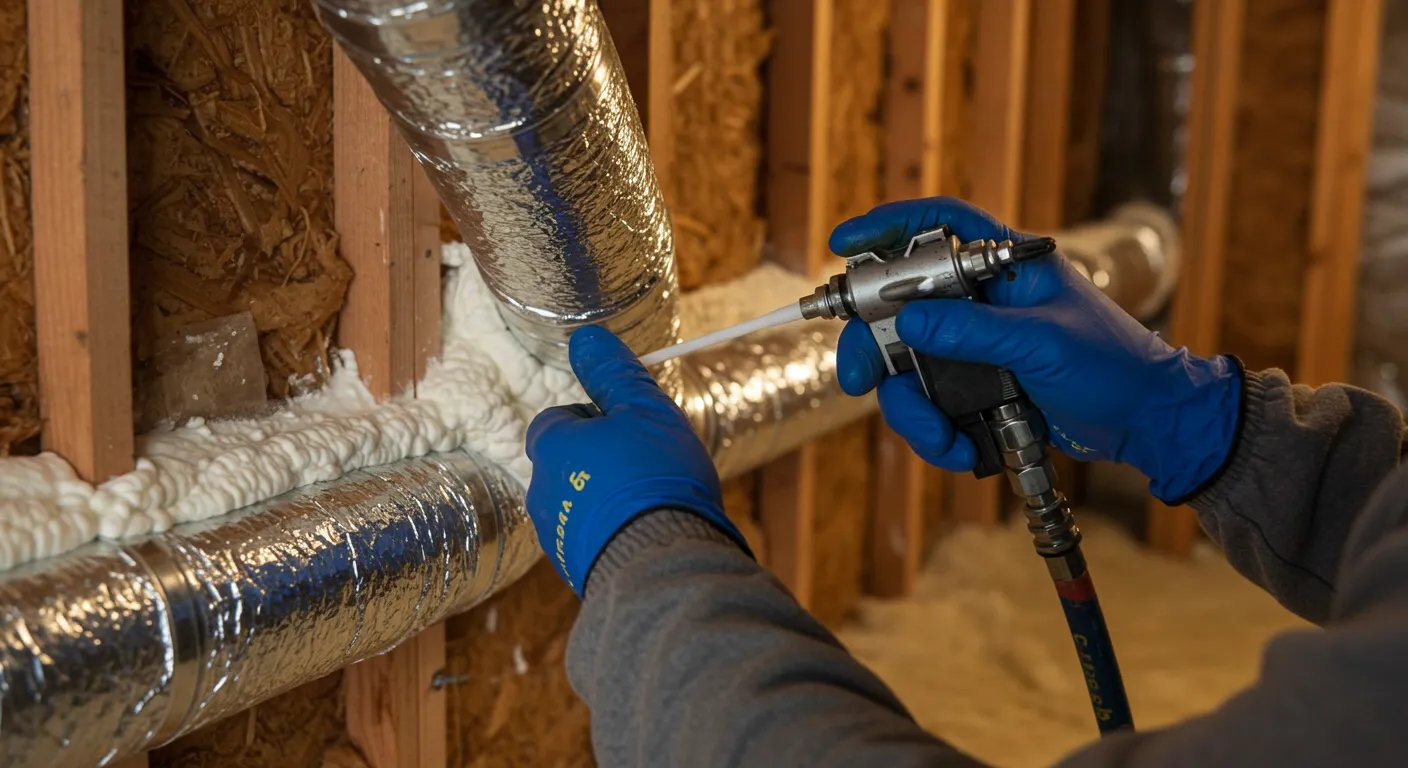 A close-up shot of a contractor's hands in blue gloves, using a spray foam gun to seal a gap between a silver ventilation pipe and a wooden wall frame. The expanding white foam fills the space.
