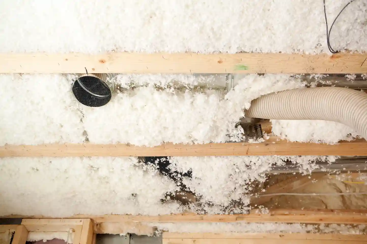 An attic floor with a new layer of fluffy white blown-in insulation, with a hose and wooden joists visible.