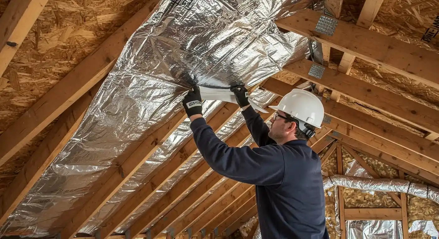A contractor wearing a hard hat and gloves installs a radiant barrier, a shiny silver sheet, on the wooden rafters of an attic ceiling.