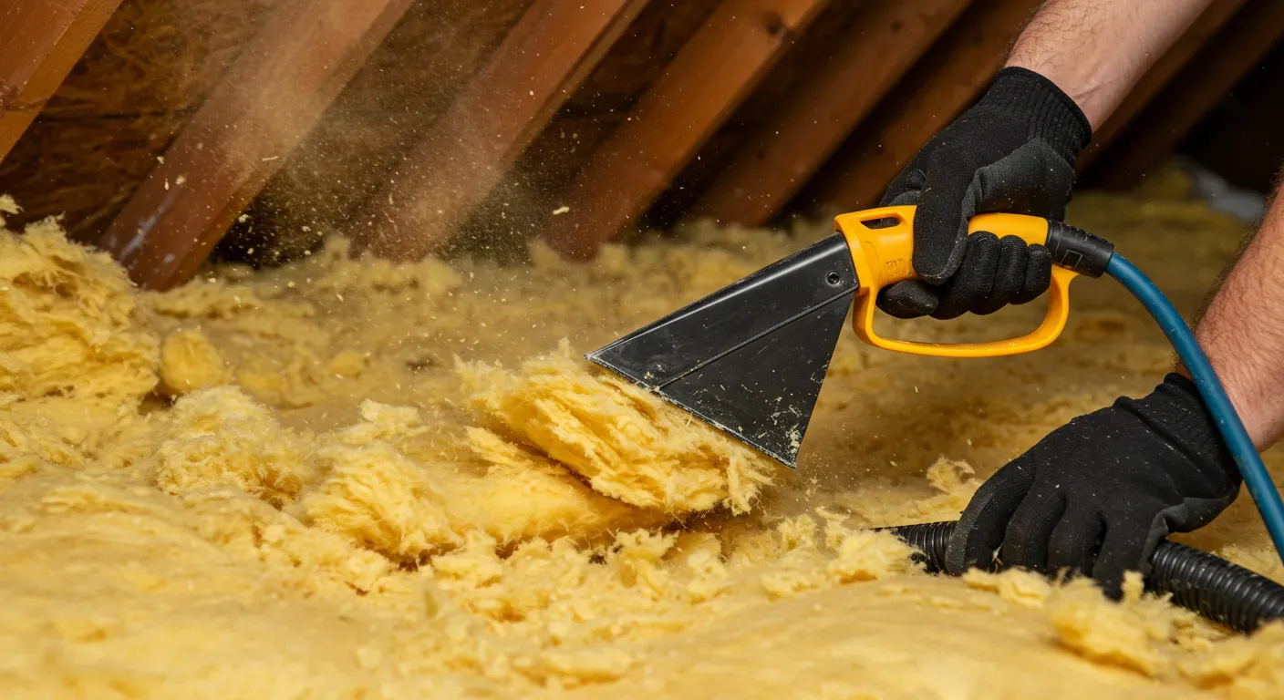 A close-up shot of a person's gloved hands using a specialized nozzle and vacuum to remove dusty, yellow insulation from an attic floor, showing debris flying up.