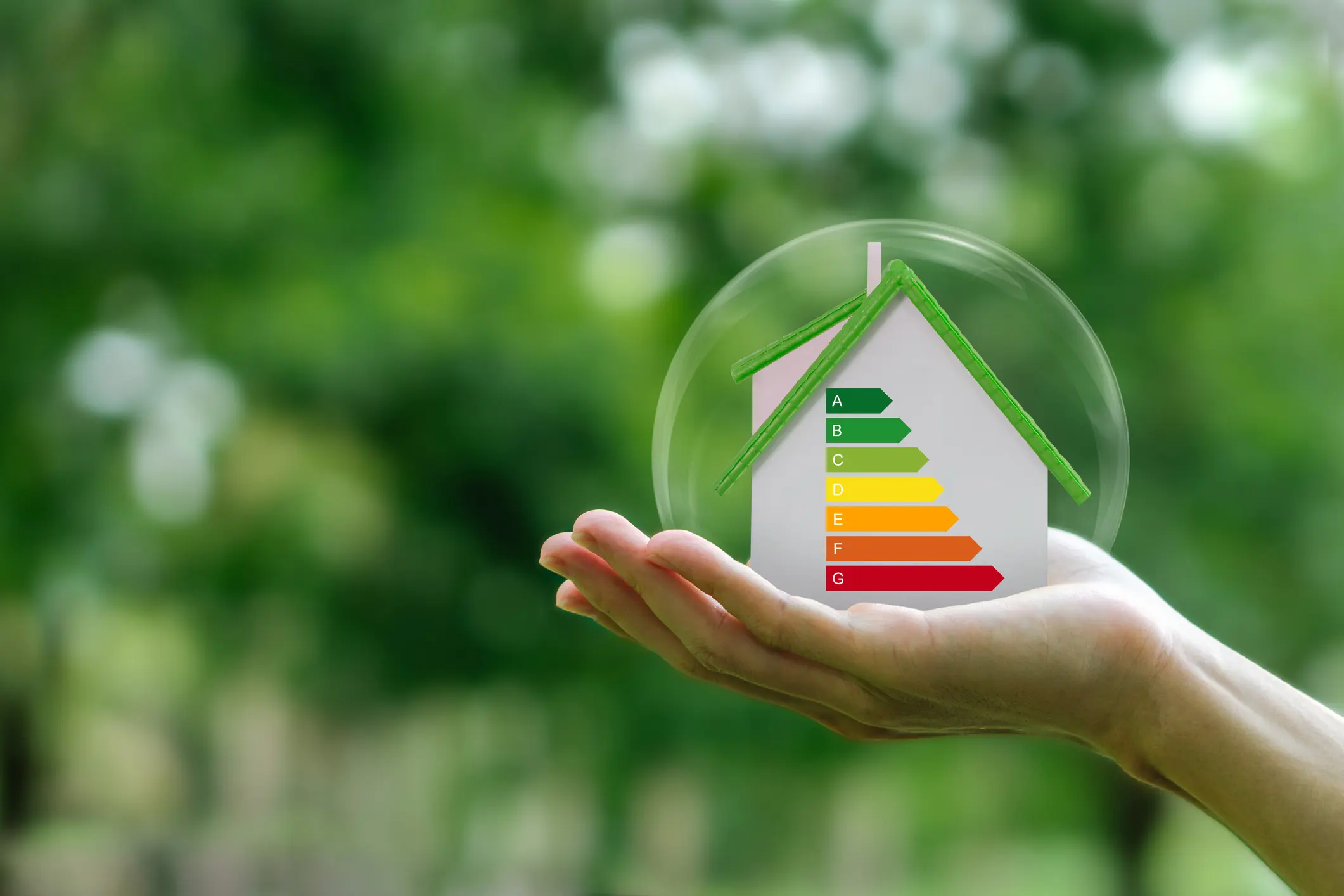 A person's hand holds a digital rendering of a small house with a green roof inside a glass bubble, which displays a full energy efficiency rating chart from A to G.