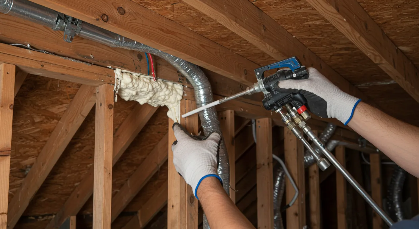 A worker's hands in white gloves apply spray foam to seal the area where a metal duct passes through a wooden frame in a home attic.