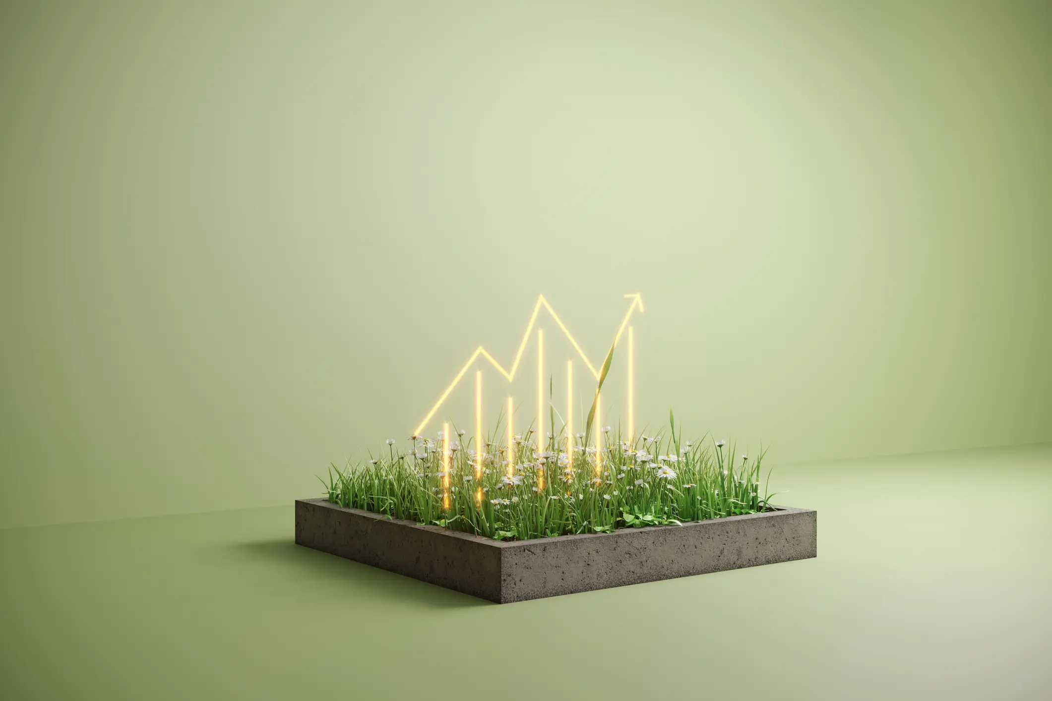 A glowing, upward-trending bar graph is depicted growing out of a planter filled with green grass and white flowers, symbolizing growth in sustainable investment.