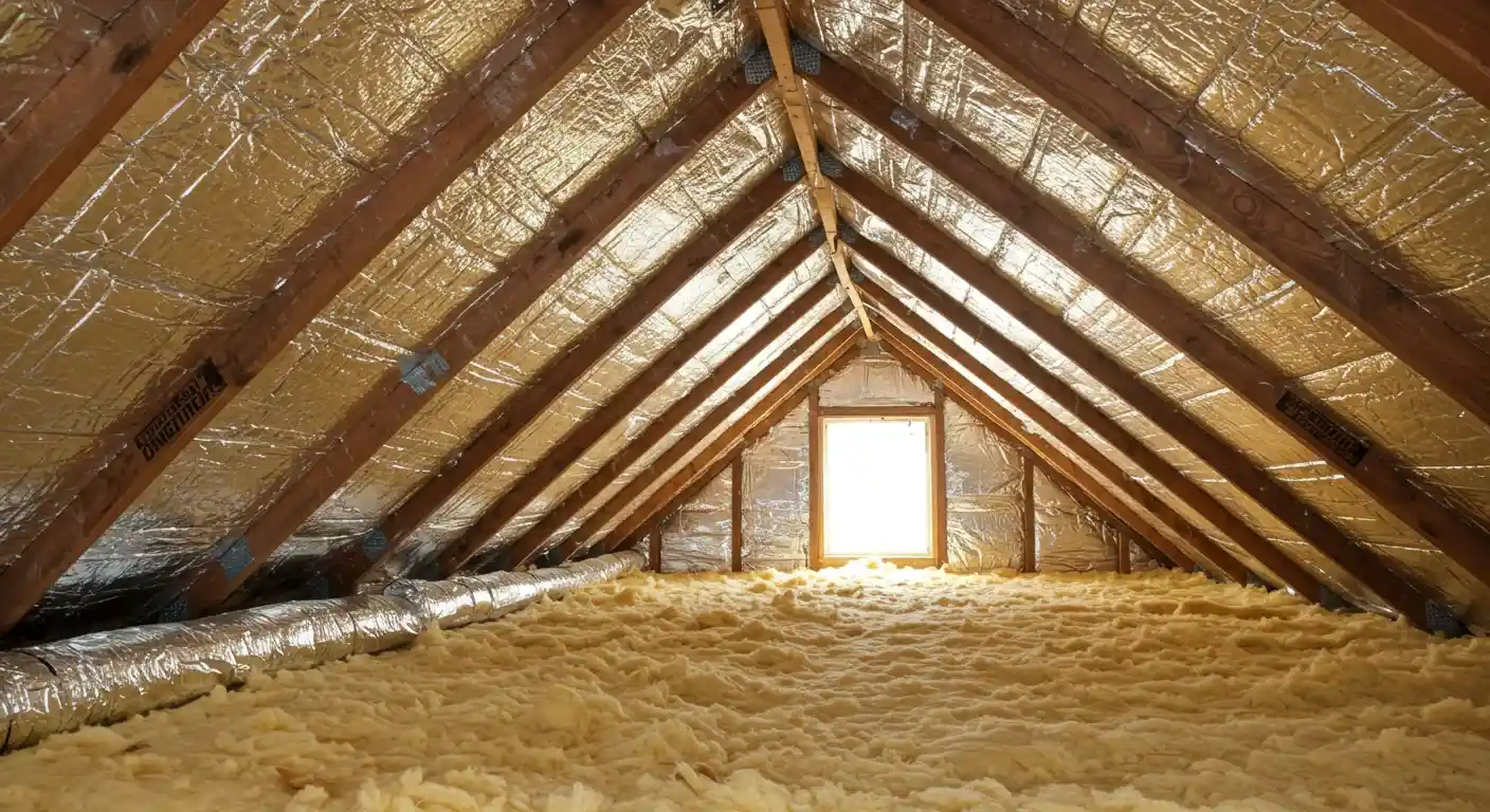 An attic floor is covered with a thick, textured layer of yellow insulation. The gabled roof and walls are covered in a reflective radiant barrier.
