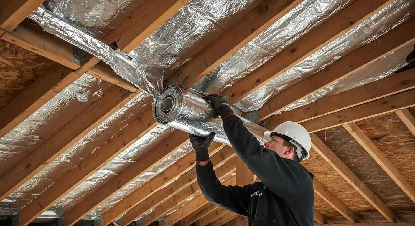 A contractor in a hard hat and gloves installs a roll of reflective radiant barrier on the rafters of an attic ceiling.