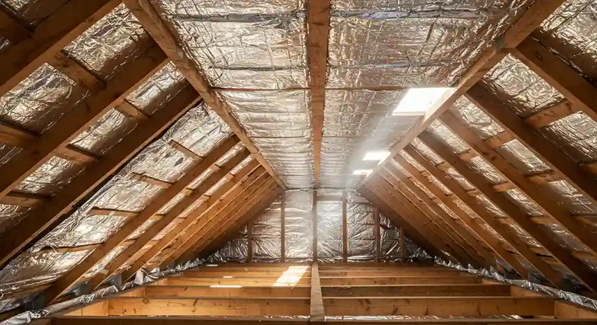 A wide shot of an attic space with a radiant barrier installed on the roof and a few skylights letting in natural light.