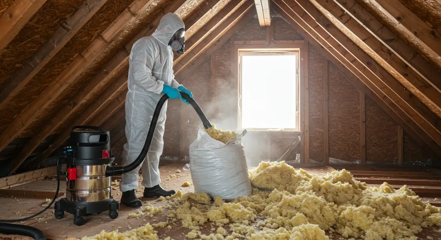 A contractor in a full white protective suit and respirator stands in a dusty attic, using a vacuum to fill a large white bag with old insulation.