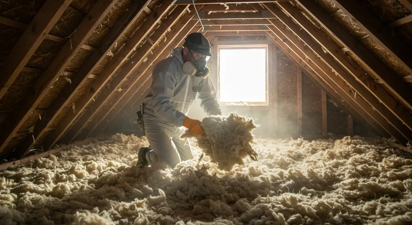 A contractor wearing a white protective suit and respirator kneels in a dusty attic, manually pulling up a clump of old, dirty insulation.