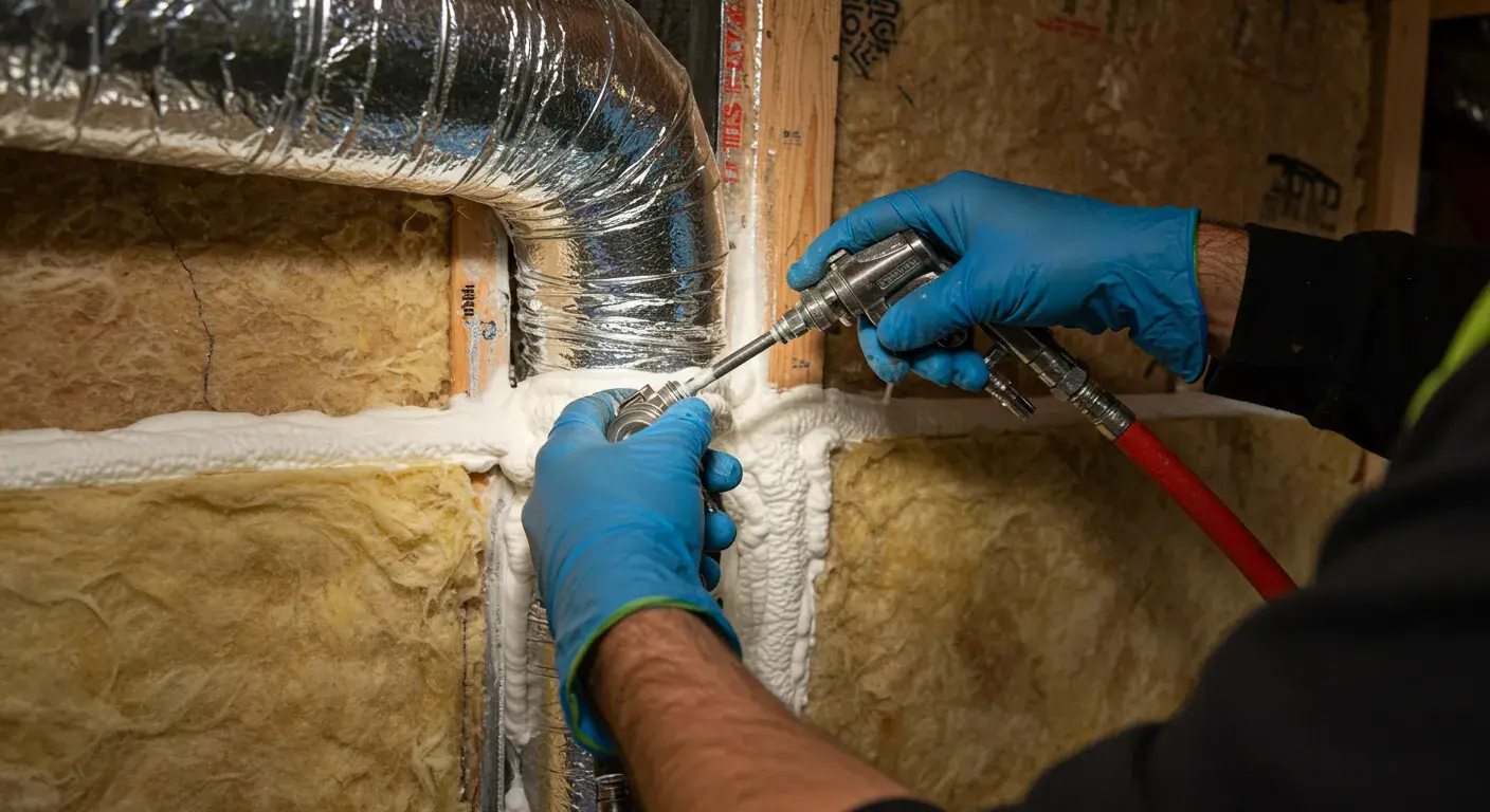 A close-up of a contractor's hands in blue gloves, using a spray foam gun to apply white sealant around a silver duct. The duct is next to a wall insulated with yellow fiberglass.