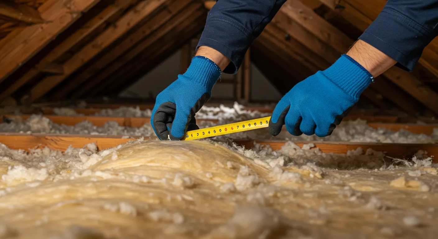 A worker's gloved hands measuring the depth of fluffy yellow insulation on an attic floor.