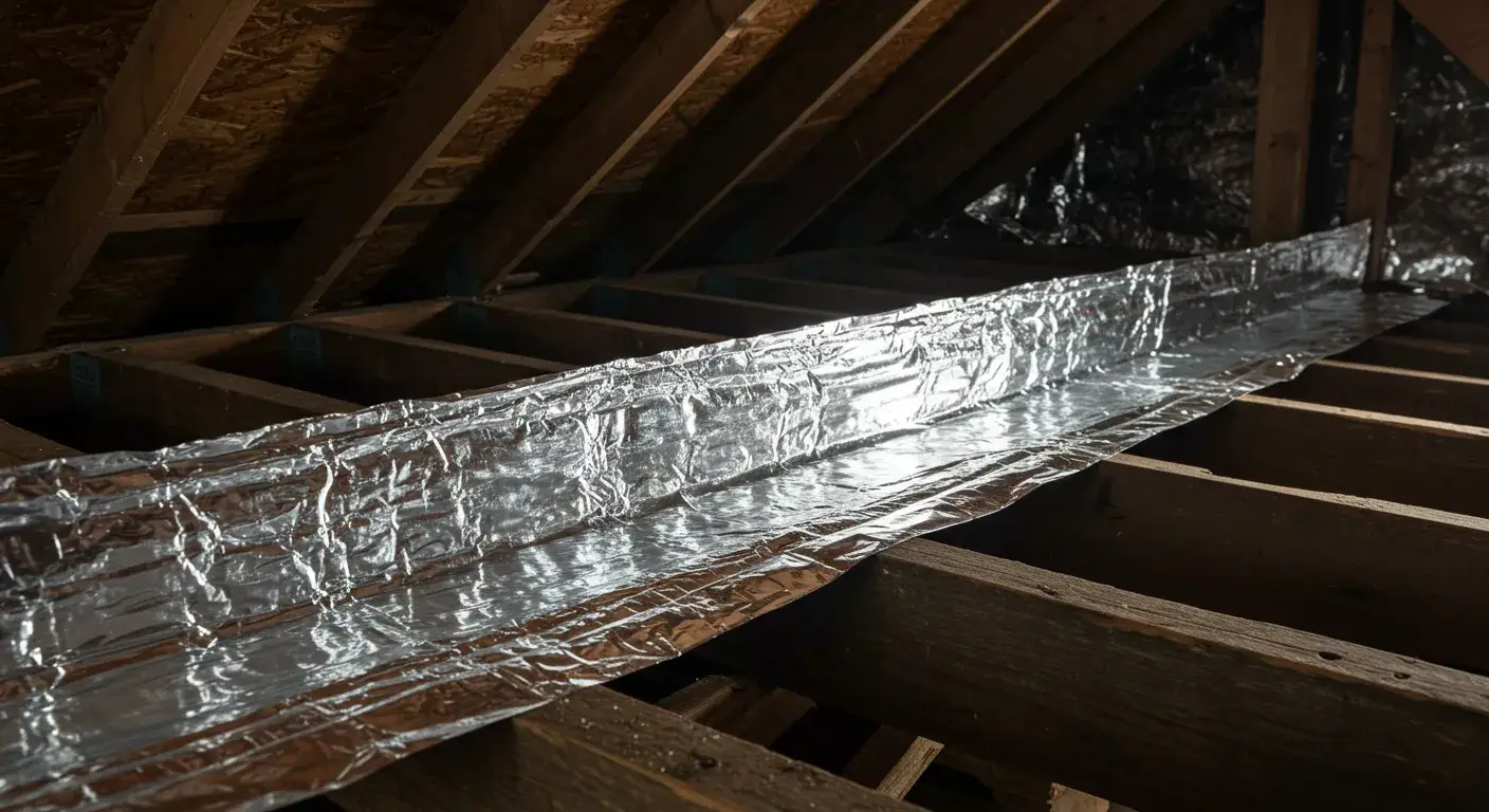 A close-up view of a long sheet of silver radiant barrier laid on a wooden floor, ready to be installed in an attic or crawl space.