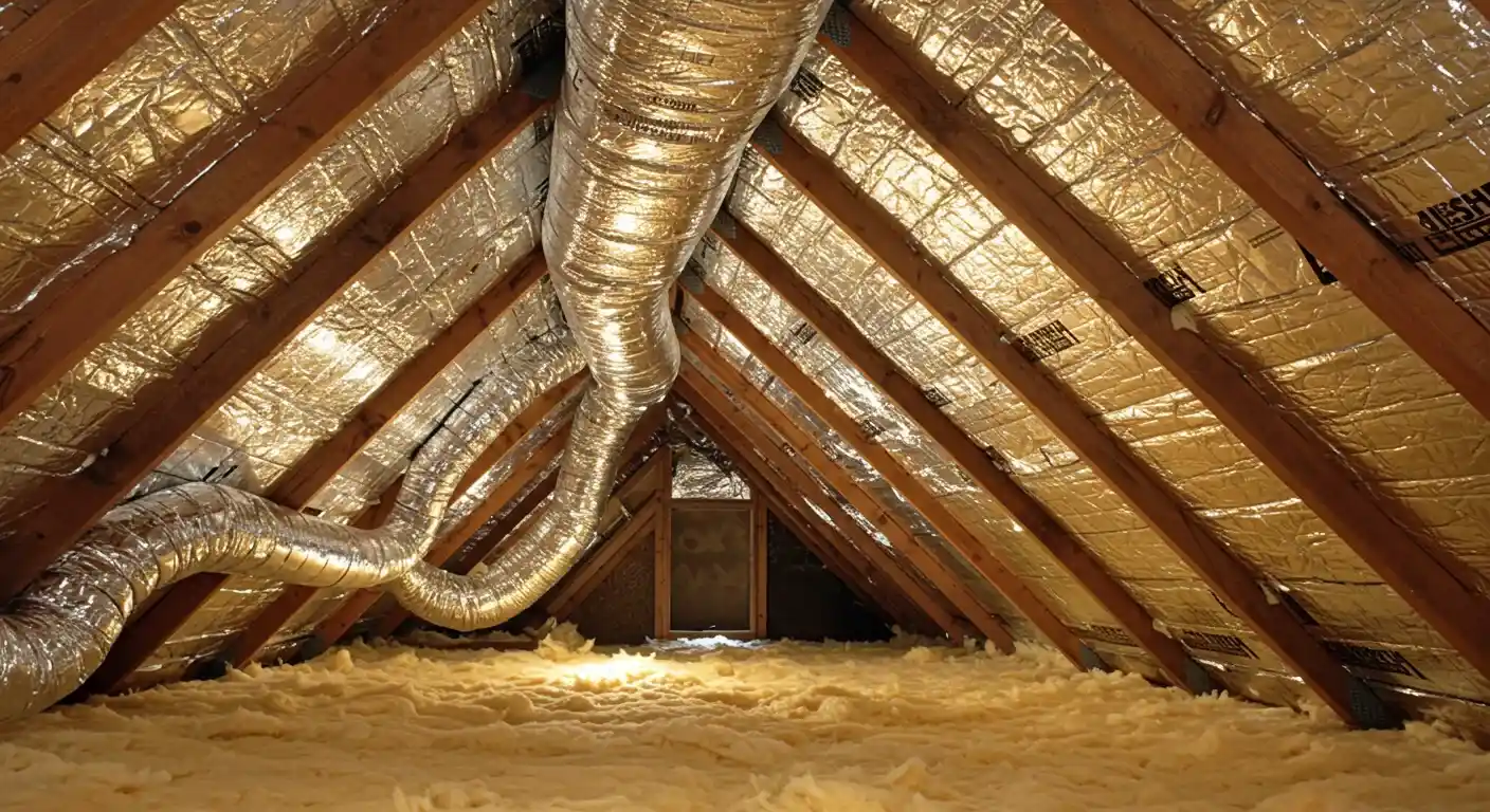 An attic with a thick layer of loose yellow insulation covering the floor. The roof rafters are covered in a shiny silver radiant barrier, and a large, flexible silver duct runs along the ceiling.