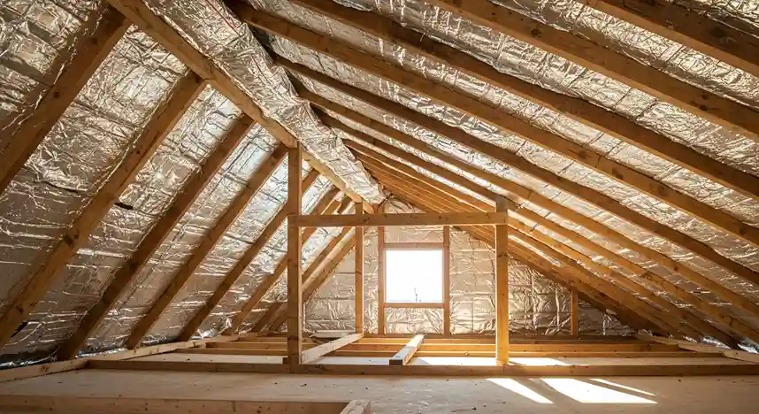 A wide shot of a clean attic space, showing the wooden rafters and a silver radiant barrier installed along the underside of the roof deck.