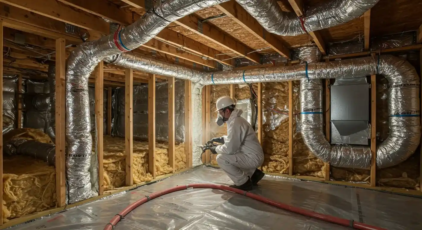 A contractor in a white hazmat suit and respirator kneels in a crawl space, spraying a white foam sealant on the insulated walls. A red hose runs along the floor.