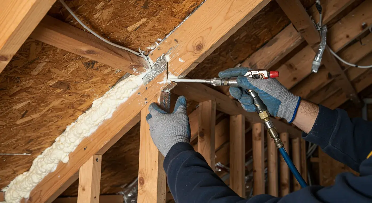 A close-up shot of a worker applying a bead of white spray foam to seal a gap in the wooden frame of an attic.
