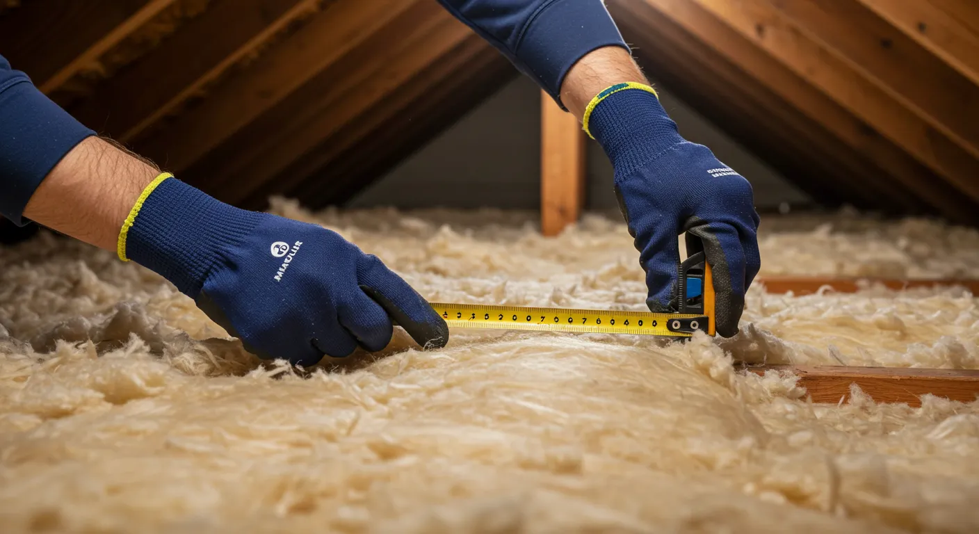 Close-up of a worker's hands in blue gloves measuring the depth of fluffy insulation in an attic.