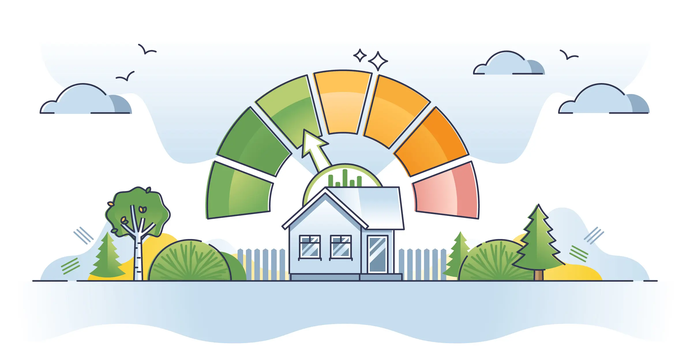 An illustrated house with a white picket fence is shown with an energy efficiency gauge above it, with an arrow pointing to the green, highly efficient zone.