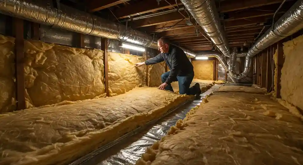A professional inspecting yellow insulation on the floor and walls of a crawl space or attic with metal air ducts overhead.