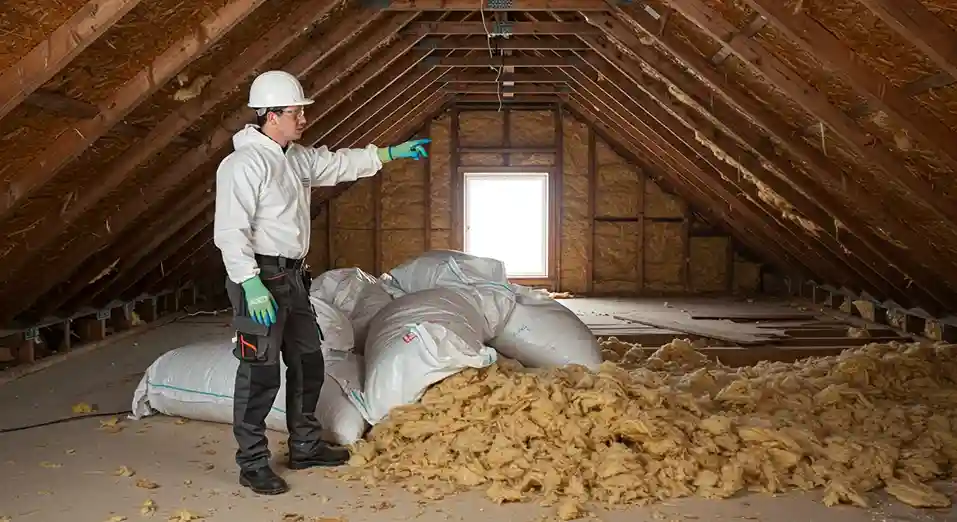 A contractor in a white protective suit and hard hat stands in a partially cleared attic, pointing to the wall. He is next to a large pile of old insulation and several full white bags.