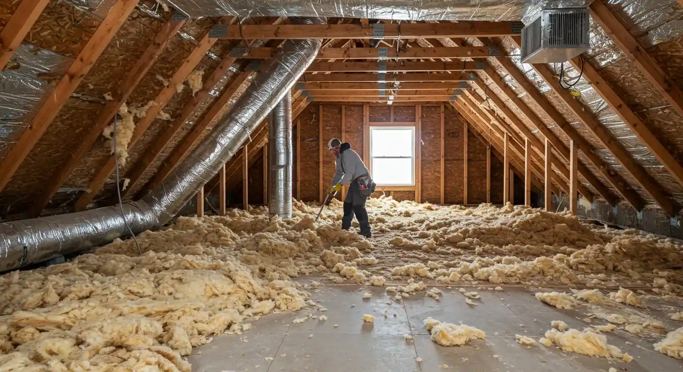 A wide shot of an attic from the back, showing a contractor kneeling on the floor, surrounded by piles of old insulation. A path is cleared down the middle, showing the floor boards, and large silver ducts are visible.