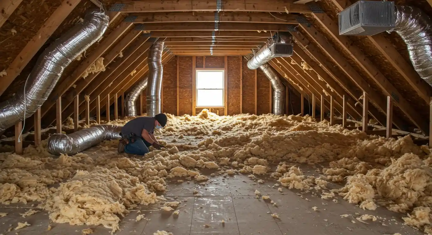 A contractor in a work shirt and mask kneels in an attic, manually clearing out old insulation. The floor has been partially cleared, and silver ventilation ducts are visible on either side.