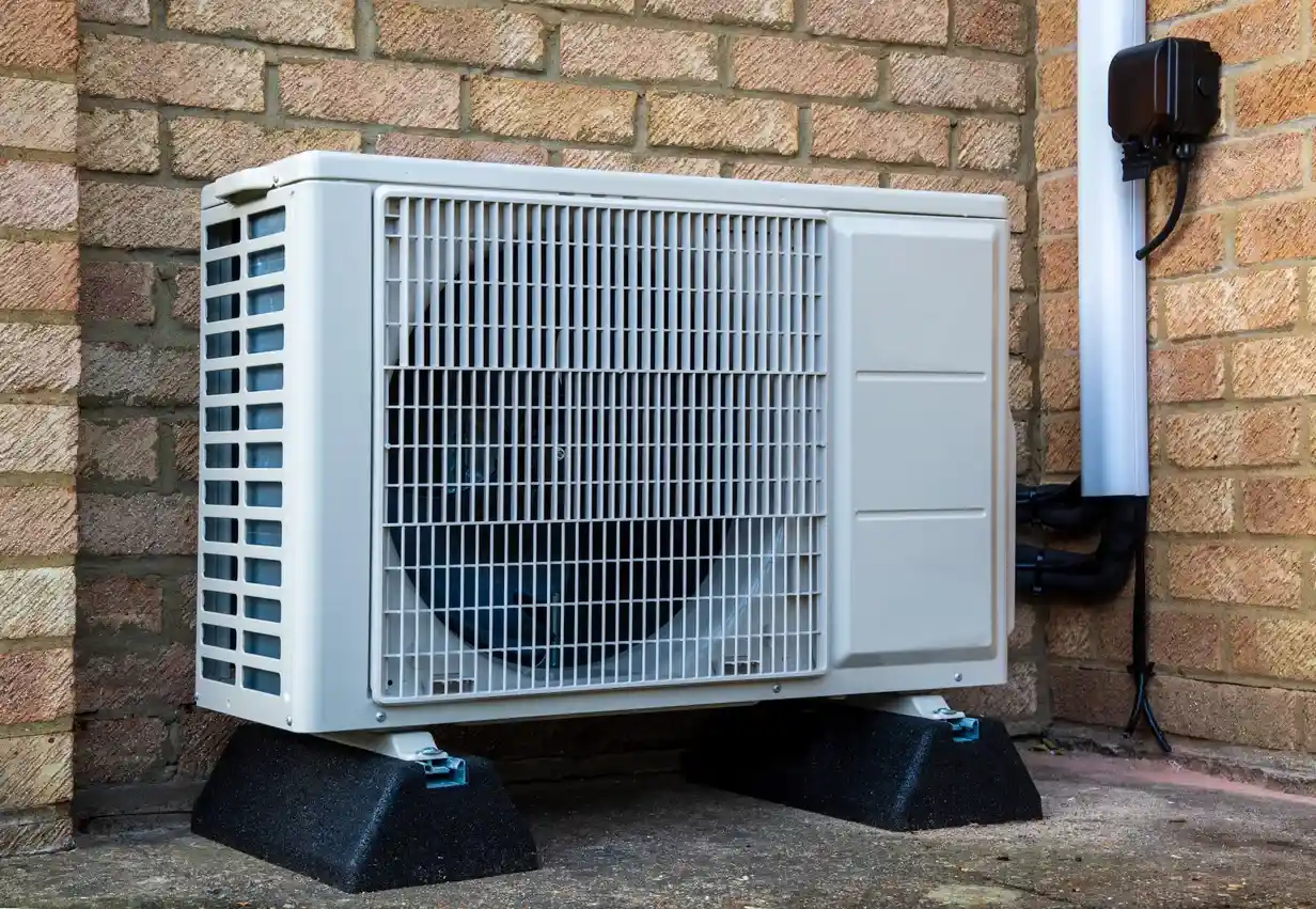 White outdoor air source heat pump unit standing on anti-vibration rubber feet against a brick wall.