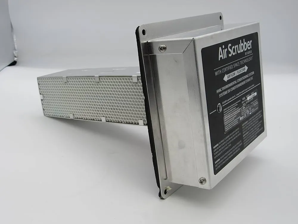 A sleek, modern air purifier unit is shown from a side view