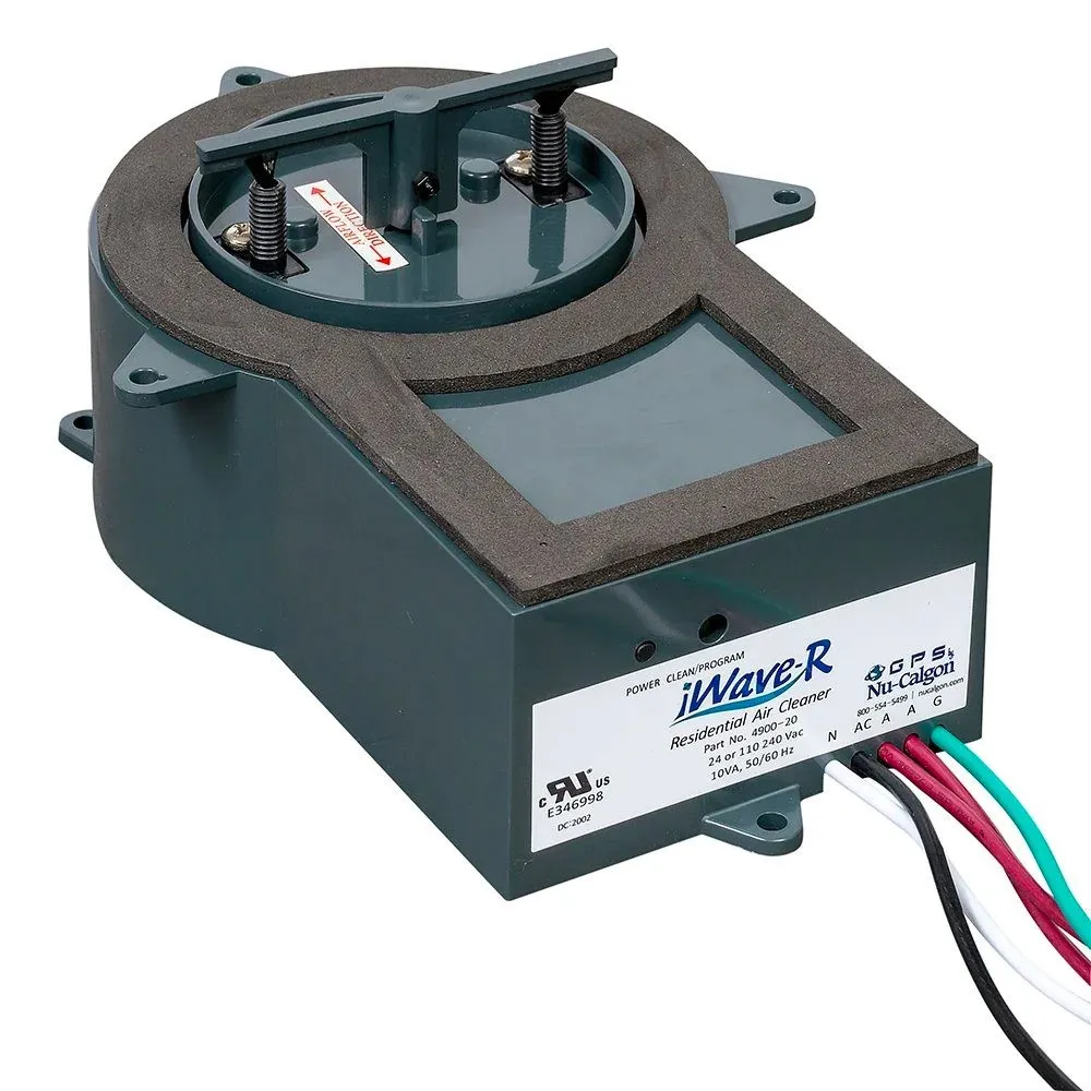 A compact, gray-green "iWave-R" residential air cleaner with a circular fan vent and various wiring terminals on the side, shown on a white background.