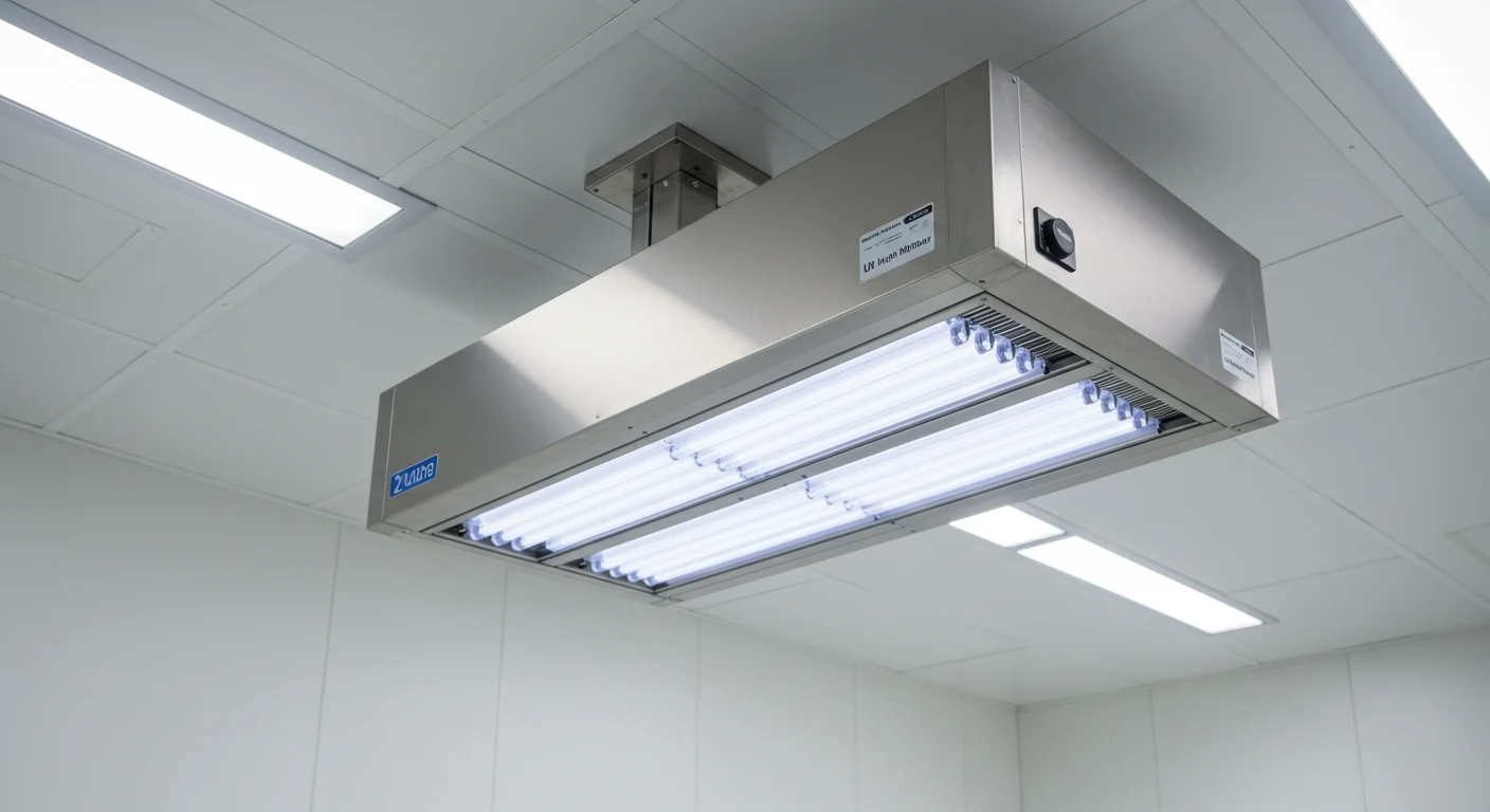 A rectangular, stainless-steel UV air purifier is suspended from a ceiling by a metal pole. The unit has multiple rows of lit, fluorescent-style UV bulbs on its underside and is labeled with the text "UV-Wall-Montage." A switch is visible on the side of the unit. The room has a white drop-tile ceiling with recessed fluorescent lighting.