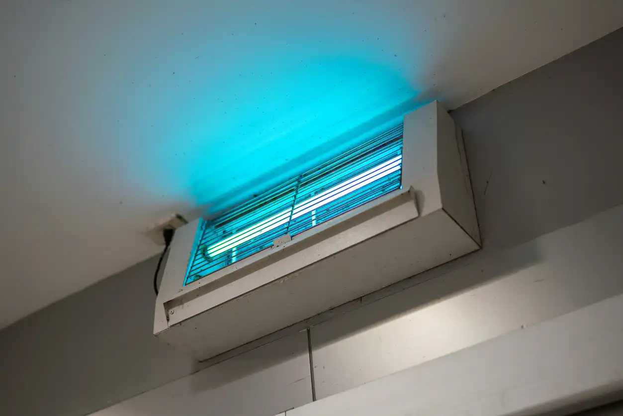 A rectangular, grate-covered UV light fixture emits a strong blue light, mounted on a white ceiling.