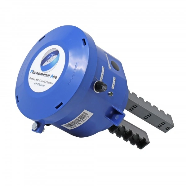 A "Phenomenal Aire" cold plasma air cleaner, a blue cylindrical device with a fan and two grey plastic mounting racks, is shown at an angle on a white background.