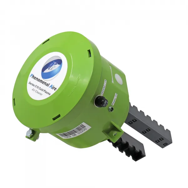 A green, circular air purification device with a logo