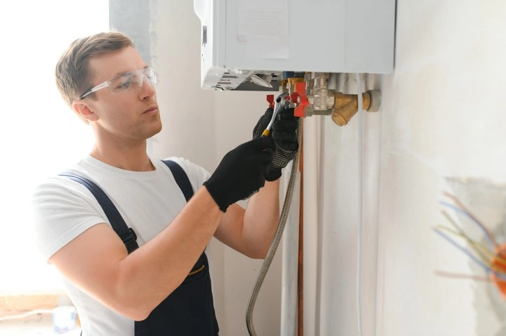 Specialist installing wall mounted water heater.