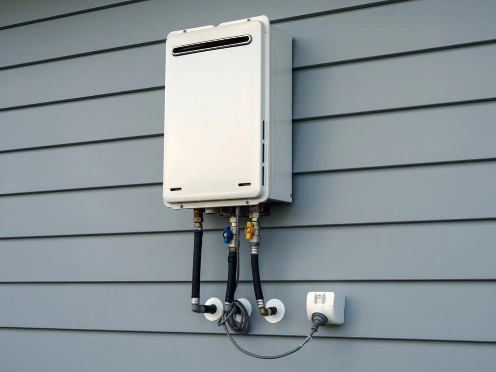 Outdoor tankless water heater on wall.