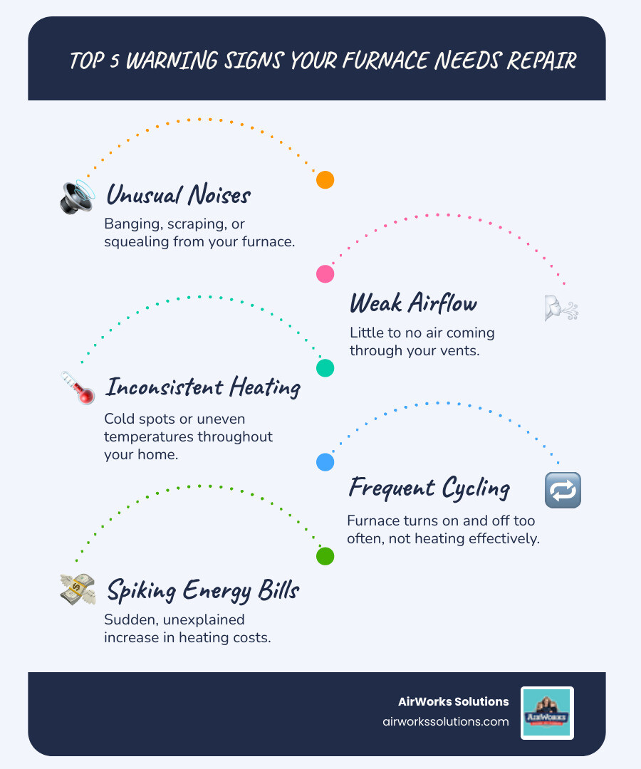 Infographic showing the top 5 warning signs that your furnace needs repair: unusual noises like banging or scraping, weak or no airflow from vents, inconsistent heating with cold spots in the home, frequent on-off cycling of the system, and a sudden spike in energy bills - furnace repair in somis ca infographic infographic-line-5-steps-blues-accent_colors