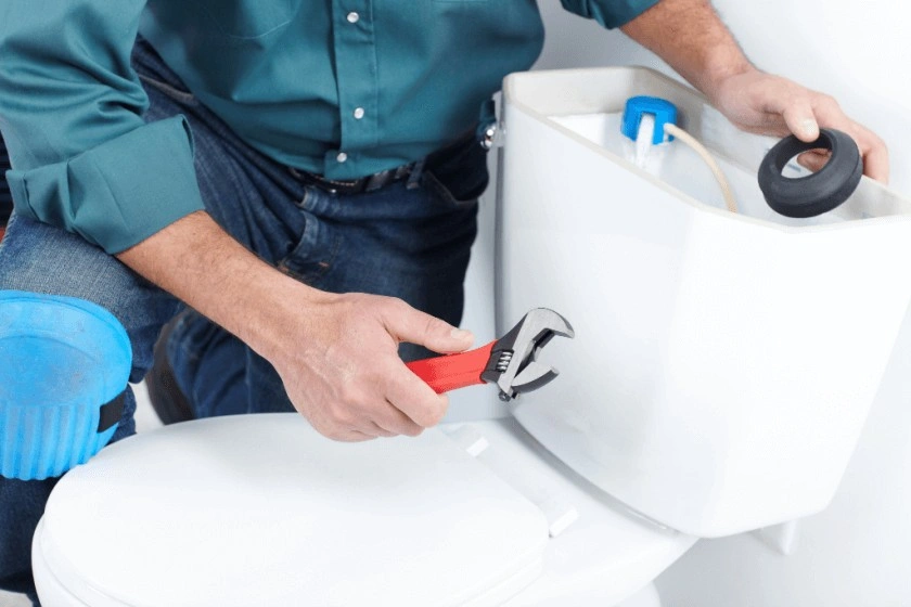 Person fixing internal toilet tank components.